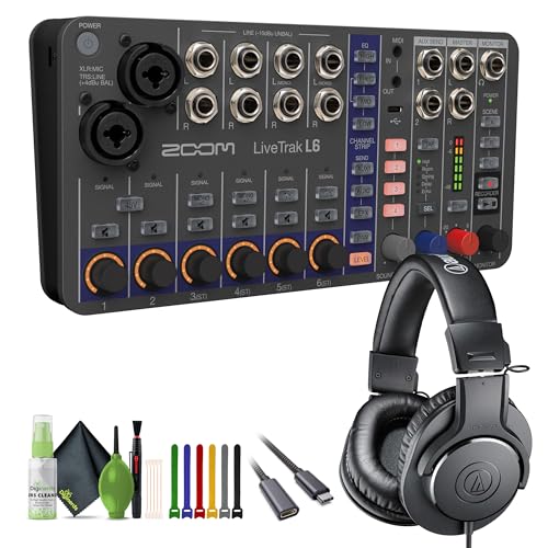 Zoom LiveTrak L-6 6-Channel Mixer & Multitrack + ATH-M20x Headphones Bundle | For Music, Podcasting & Live Sound + USB-C Cable + Cleaning Kit