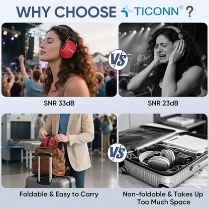TICONN Noise Cancelling Ear Muffs for Adults, SNR 33dB Hearing Protection, Adjustable Safety Earmuffs for Construction - color: Red