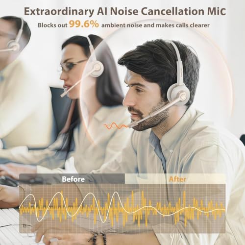 Wireless Headset with Mic, Bluetooth Headset with Microphone V5.2 with AI Noise Canceling & USB Dongle, Trucker Bluetooth Headset with Charging Base and Mute Function for Computer/Phone/Office/Skype