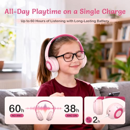 TONOSHARK Kids Bluetooth Headphones with ANC, Wireless Over-Ear Headset | for Boys and Girls, Foldable & Adjustable, Ideal for School, Travel and Online Learning(Light pink) - color: Pink