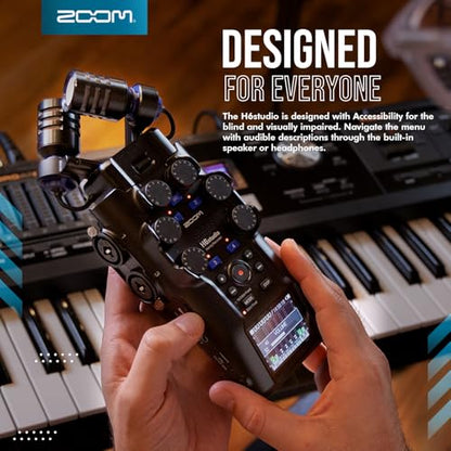 Zoom H6studio Handy Recorder, H6 Studio (H6S) 32-Bit Float Recording, F-Series Preamps, Gain Knobs, Large Mics, USB Audio Interface w/Headphone, MicroSD, Tripod for Podcast Filmmaker Musician