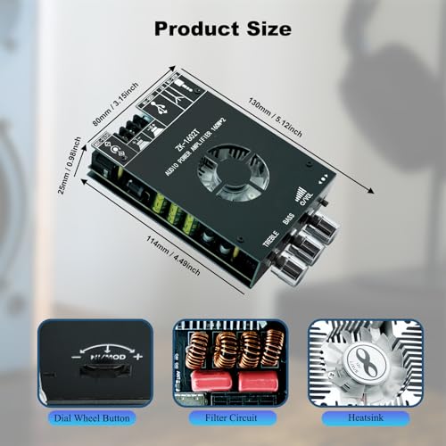 ZK-1602T 160W+160W Bluetooth Amplifier Board with Treble and Bass Control, 2.0 Channel Stereo Audio Mini Power Amplifier Board, TDA7498E Chip DC 15-36V, BT and AUX Inputs for DIY Wireless Speakers - size: Medium