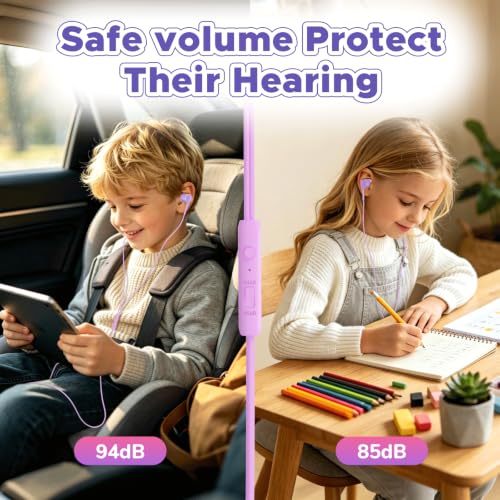 Owliwise USB C Kids Wired Earbuds with Case, mic, 85/94dB Volume Limited - color: Purple