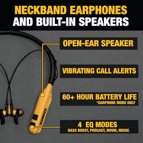 DEWALT Heavy Duty 2-in-1 Neckband Bluetooth Headphones w/Built-in Speakers, Jobsite Wearable Speaker & Around Neck Headphones, Wireless Bluetooth Headset, 60+ Hrs Hands-Free Music/Calls, Carry Pouch - color: Yellow and Black
