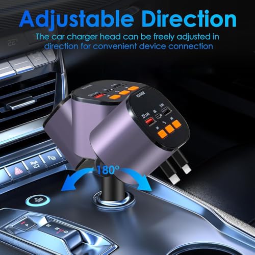 Retractable Car Charger,5 in 1 Fast Cars Phone Charger 90W,Bluetooth 5.3 FM Transmitter Adapter,Handsfree Call,2 Retractable Cables and USB Chargers for iPhone17/ 16/15/14/13/Samsung - color: Purplr