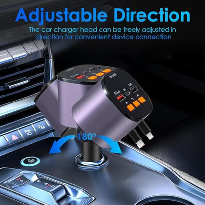 Retractable Car Charger,5 in 1 Fast Cars Phone Charger 90W,Bluetooth 5.3 FM Transmitter Adapter,Handsfree Call,2 Retractable Cables and USB Chargers for iPhone17/ 16/15/14/13/Samsung - color: Purplr