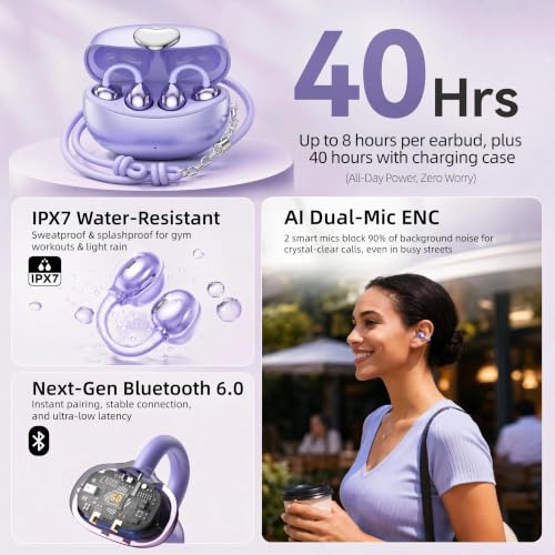 Clip-On Earbuds Bluetooth 6.0 Open Ear Headphones, 6H Playtime Wireless Ear Buds for Women Small Ears, Lightweight Clip for Glasses & Running, IPX7 Waterproof,Purple - color: Purple
