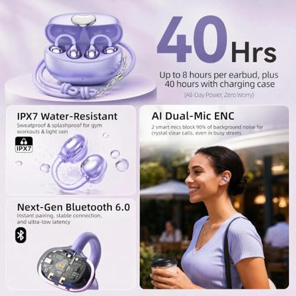 Clip-On Earbuds Bluetooth 6.0 Open Ear Headphones, 6H Playtime Wireless Ear Buds for Women Small Ears, Lightweight Clip for Glasses & Running, IPX7 Waterproof,Purple - color: Purple