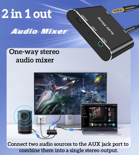 2 Channel Stereo Audio Mixer,2 In 1 Out Mini Stereo Sound Mixer,Metal Shell,AUX Interface for PC,Phone,Laptop,Headphones,Speakers-Includes 3.3FT 1/8 Audio Cable