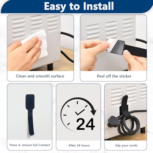 Abnii 50 PCS Hook and Loop Cable Ties, Under Desk Cable Management, Black - color: Black
