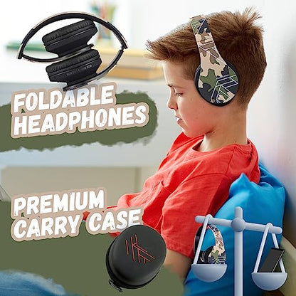 PowerLocus Kids Headphones Over-Ear, Bluetooth Wireless Headphones for Kids,with Microphone, Safe 85DB Volume Limited, Foldable with Carry Case, Audio Cable, Micro SD mode for Online Classes,PC,Phones - color: Camo