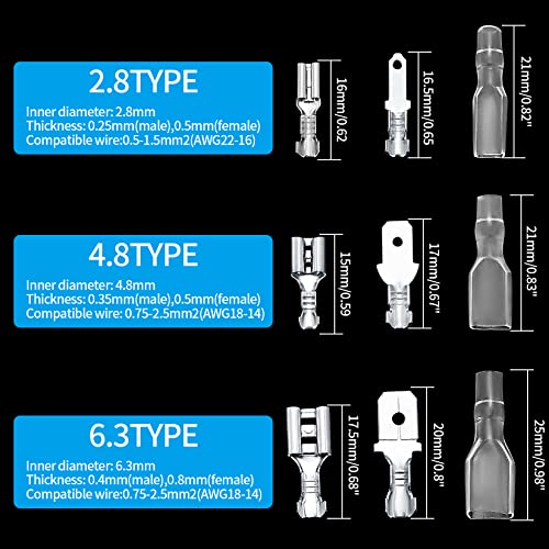 360 Pcs 2.8/4.8/6.3mm Male and Female Wire Spade Connectors, Quick Splice Electrical Wire Crimp Terminal Block Connectors with Insulating Sleeve Kit for Car Audio Speaker Electrical Wiring