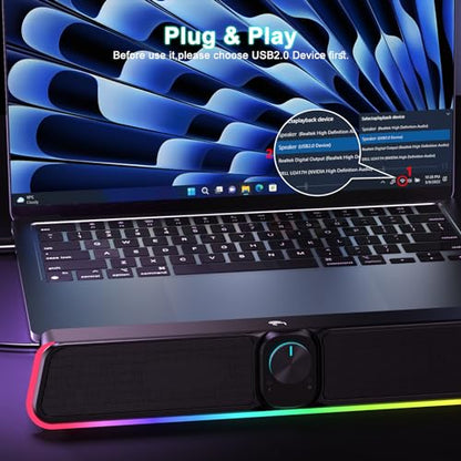 Computer Speakers - Wired USB Powered Bluetooth Computer Sound Bar with RGB & Volume Knob, HiFi Stereo Portable Gaming Sound Bar Speaker for Desktop Monitor, PC, Laptop, Tablets, Mac Air/Pro