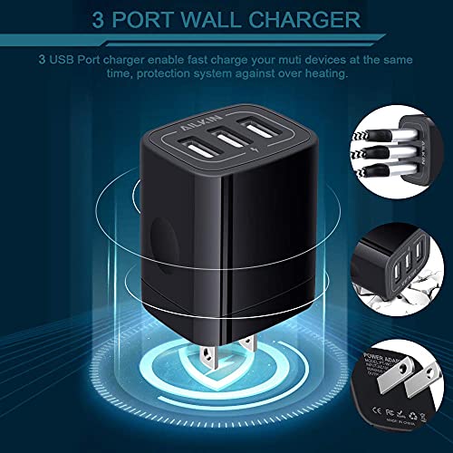 Wall Charger Plug, USB Charger Cube, AILKIN 3.1A 3-Muti Port USB Adapter | Power Plug Charging Station Box Black Base for iPhone 17 16 15 14 13 12 11 Pro Max/SE, Samsung Galaxy Phones Charge Block - color: Wall Charger Black