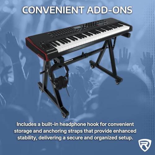Rockville Z40W Z-Style Pro Keyboard Stand with Wheels, Adjustable Height | Bag Included, Adjustable Width, Lockable Wheels, 250 lb Capacity, Headphone Hook, Fits 49 Keys and Up, EVA Foam Pads