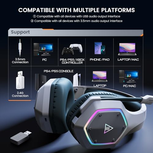 EKSA E1000WT Wireless Gaming Headset,2.4GHz USB Gaming Headphones with Microphone for PC, PS5, PS4, Nintendo Switch, 7.1 Surround Sound Headset, RGB Light, Ergonomic Design for Birthday Gift - color: 2.4G Wireless White