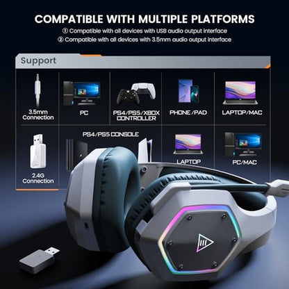 EKSA E1000WT Wireless Gaming Headset,2.4GHz USB Gaming Headphones with Microphone for PC, PS5, PS4, Nintendo Switch, 7.1 Surround Sound Headset, RGB Light, Ergonomic Design for Birthday Gift - color: 2.4G Wireless White