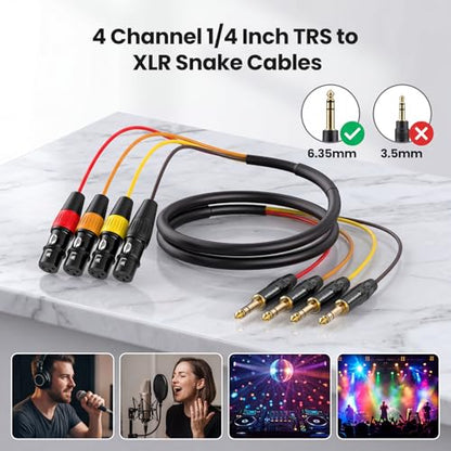 4 Channel XLR Female to 1/4 Snake Cables 3ft, 6.35mm TRS to XLR Microphone Cable Stereo Audio Balanced Line Gold-Plated Pins - 1 Pack - size: 4-channel 3ft 1Pack