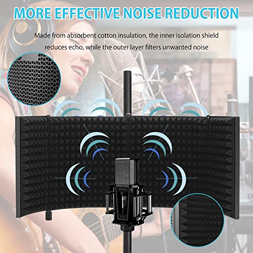 Microphone Isolation Shield with Stand Curved Panel, Foldable Mic Shield with Triple Sound Insulation, Studio Mic Sound Absorbing Foam Reflector for Sound Recording, Podcasts - size: Large