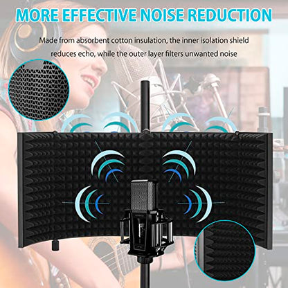 Microphone Isolation Shield with Stand Curved Panel, Foldable Mic Shield with Triple Sound Insulation, Studio Mic Sound Absorbing Foam Reflector for Sound Recording, Podcasts - size: Large