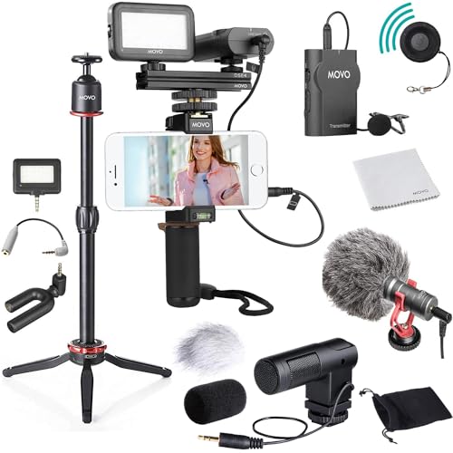 Movo V8 Huge Vlogging Kit for iPhone with Tripod, Grip, Microphones, LED Lights, and Wireless Remote Vlog - YouTube Starter Bundle for Apple or Samsung - Vlogging Equipment