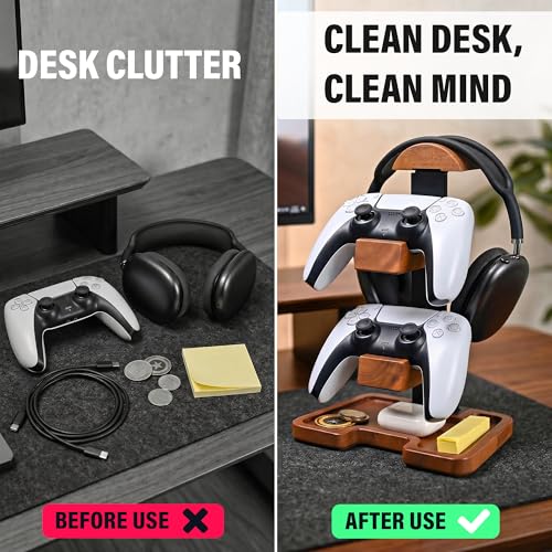 Gaming Equipment Headset Stand with Dual Controller Organizer Rack & Storage Base, Headphone Stand Gamer Gifts for Men Teenage Boy, Unique Gifts for Gamers to Organize Gaming Accessories (Brown Wood)