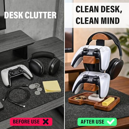 Gaming Equipment Headset Stand with Dual Controller Organizer Rack & Storage Base, Headphone Stand Gamer Gifts for Men Teenage Boy, Unique Gifts for Gamers to Organize Gaming Accessories (Brown Wood)