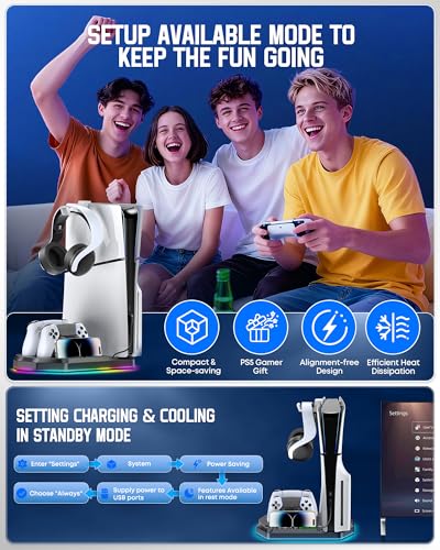 Cooling Station with Controller Charger for PS5/Slim/Pro, PlayStation 5 Vertical Stand for Disc & Digital Console, Dual PS 5 Controller Charging Station with 3 Level Cooling Fan, PS5 Accessory - Black - color: Black