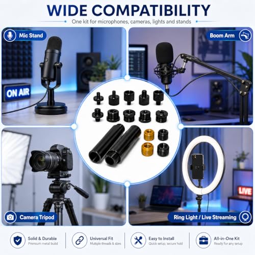 16 Pack Mic Stand Adapter Kit with Extension Tubes, 1/4, 3/8 and 5/8
