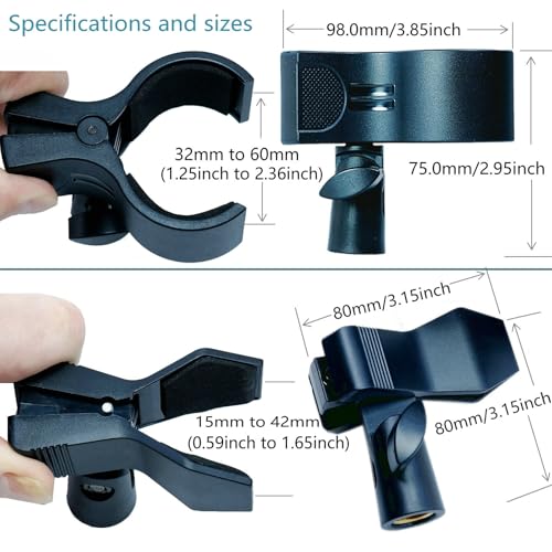 2 Pack KayNicam Universal Microphone Clip Holder for Dynamic & Condenser Mics - Adjustable Mic Clamp for 0.6" to 2.4" Diameter (1.5-6cm) - Includes 5/8", 3/8", 1/4" Metal Threads. - color: Black(C1+C2)