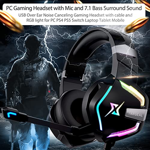 targeal 7.1 Surround Sound Gaming Headset for PS4 PS5 PC Laptop Tablet Mobile, Over Ear Wired USB Gaming Headphones with Omni-Directional Noise Canceling Mic, RGB LED Light (SKY-917 Without Cable) - style: SKY-917 Without Cable