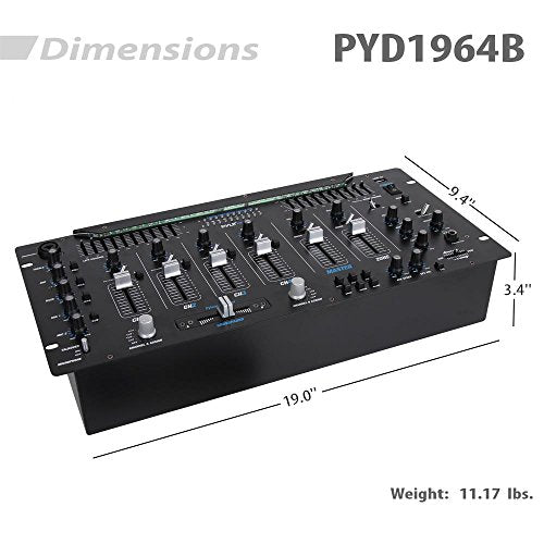 Pyle 6 Channel Mixer DJ Controller with Bluetooth, Professional Sound Digital Mixing System with LED Illumination, Slider Controls, Speed Control, 10 Band Equalizer 5U Rack Mount System - PYD1964B.5