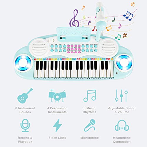 Costzon 37 Keys Electronic Keyboard Piano for Kids, Portable Musical Keyboard with Rhythm Light, Microphone, Recording, Music Stand, 8 Tone Keys, 4 Percussion Instruments (Blue) - style: Blue