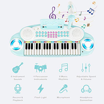 Costzon 37 Keys Electronic Keyboard Piano for Kids, Portable Musical Keyboard with Rhythm Light, Microphone, Recording, Music Stand, 8 Tone Keys, 4 Percussion Instruments (Blue) - style: Blue