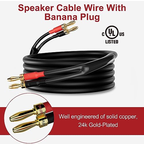 HiFind Speaker Cable Wire 25 Ft with Gold-Plated Banana Tip Plugs-UL CL3 Rated-Indoor&Outdoor&in Wall-Flexible-16 AWG Gauge Tinned Copper for Bi-Wire Bi-Amp HiFi Surround Sound-Black - size: 25FT