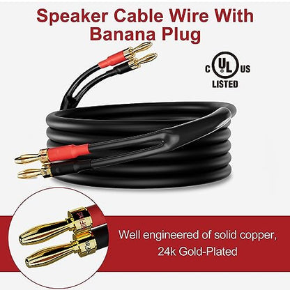 HiFind Speaker Cable Wire 25 Ft with Gold-Plated Banana Tip Plugs-UL CL3 Rated-Indoor&Outdoor&in Wall-Flexible-16 AWG Gauge Tinned Copper for Bi-Wire Bi-Amp HiFi Surround Sound-Black - size: 25FT