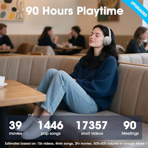 DOQAUS Bluetooth Headphones Over Ear, Headphones Wireless with 90H Playtime | 3 EQ Mode, Bluetooth5.3 Wireless Headphones with Hifi Stereo Sound, ENC Mic, Foldable for Travel Work Study Phone, Light Grey - color: Light Gray