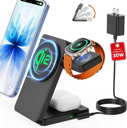 애플용 마그네틱 무선 충전 스테이션: 업그레이드된 QI2 인증 15W 3-in-1 Magsafe 무선 충전기 스탠드, 접이식 여행용 고속 충전기 아이폰 17 16 15 14 13 12 시리즈, 애플 워치, 에어팟용 - color: 퓨어 블랙.