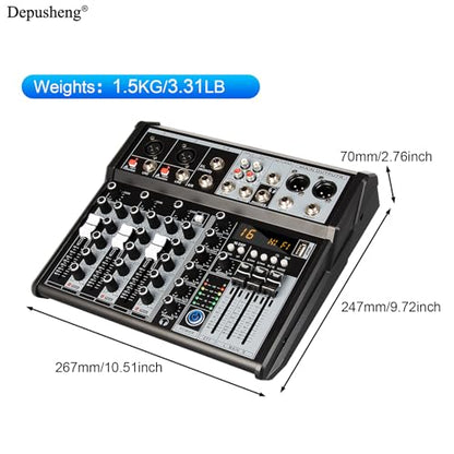 Depusheng Professional Audio Mixer, 4 Channel Audio Interface Sound Board Mixing Console System, 16-Bit DSP DJ Bluetooth Mixer +48V Phantom Effect For Karaoke Studio Streaming Recording (XT4)