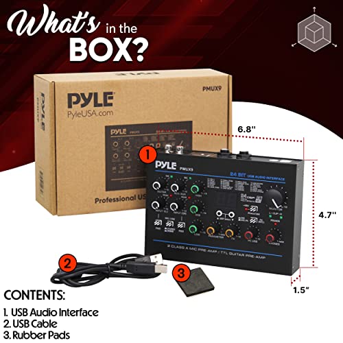 Pyle USB Audio Interface - MIC/LINE - Guitar - AUX Stereo & RCA Inputs - Preset 24 Digital Effects - Phantom Power - Phone/Stereo/Monitor/Headphone Outputs - For Computer Playing & Recording - PMUX9 - style: Interface Digital