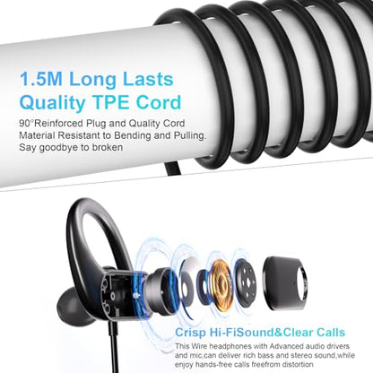 Wired Over Ear Headphones 3.5mm Earbuds for Chormebook Laptop Phone | Over Ear Earbuds Running Wired Earphones,with Ear Hooks Loop Microphone for Samsung A25 A15 A14/Mp3/Kindle Fire Tablet Office