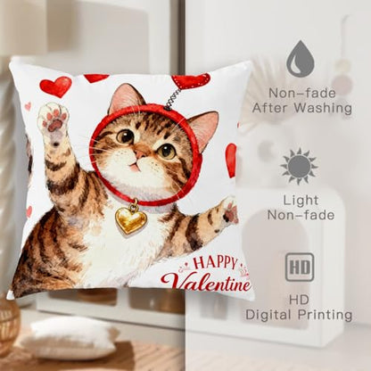 Cat Throw Pillow Covers Set of 2, Playful Fanciful Hearts Red Headband Valentine Red with Hidden Zipper Cover Decorative Pillows for Home Bedroom Living Room Sofa Couch Decor 14x14 Inch - size: 14" x 14" (Pack of 2)