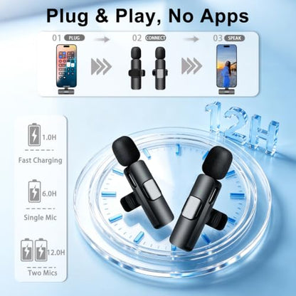 Wireless Lavalier Microphone for iPhone, iPad & Android Phone | Mini Lapel Mic with AI Noise Reduction for Video Recording Vlogging TikTok YouTube, Plug & Play Clip-on,for Content Creators