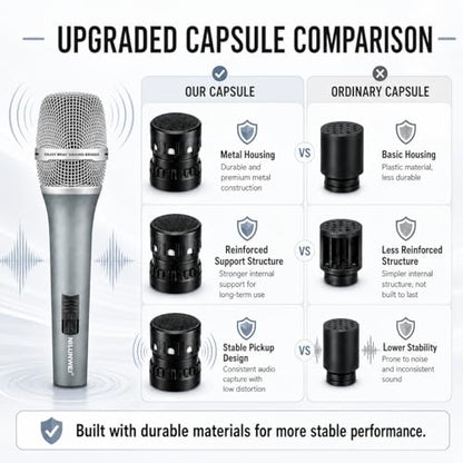 Dynamic Microphone - Heart shaped Directional Wired Microphone, used as a vocal microphone for live sing, with 14 foot XLR to 1/4 inch audio cable, desktop tripod, extension pole, Mic storage bag