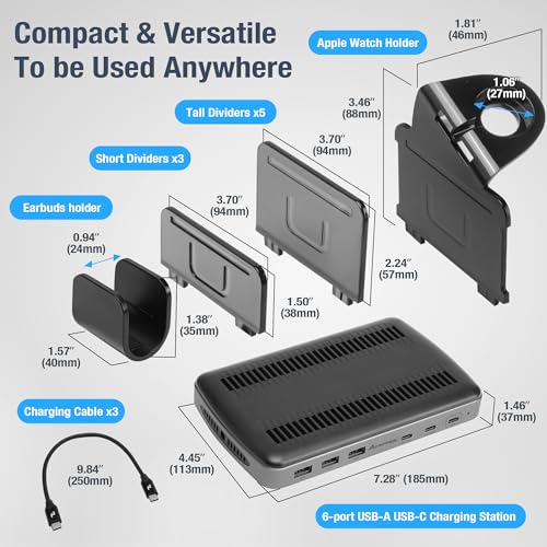 160W 6-Port USB-C and USB-A Charging Station Organizer with 140W PD 3.1 – Includes Cables – for MacBook, iPhone, iPad, AirPods, Smartphones, Tablets, and Gaming Devices - Black