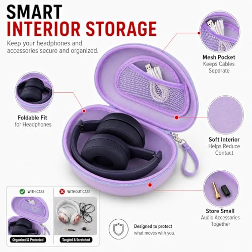 COMECASE Case for Beats Solo 4/Studio Pro Headphones with Mesh Pocket | Water-Resistant Hard Shell, Wrist Strap for Easy Carrying, Travel Storage, Fits Solo 2/3, Solo Pro and Studio3, Purple - color: Purple