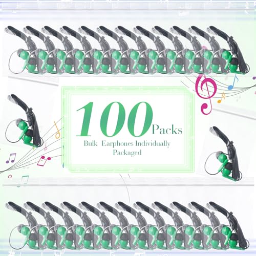 Kanayu 100 Pack Wired Earbuds Bulk for Classroom, 3.5MM No Mic,Green | Student Headphones for School Library Laptop, Individually Bagged Earphones with Jack for Training and Group Learning - color: Green