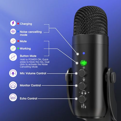 ZealSound Wireless Podcast Microphone for PC & iPhone, Dual Desktop Mics with Noise Reduction, Tap-to-Mute, Gain & Echo Controls, Zero-Latency Monitoring for Podcasting & Streaming YouTube TikTok - color: Phantom Black