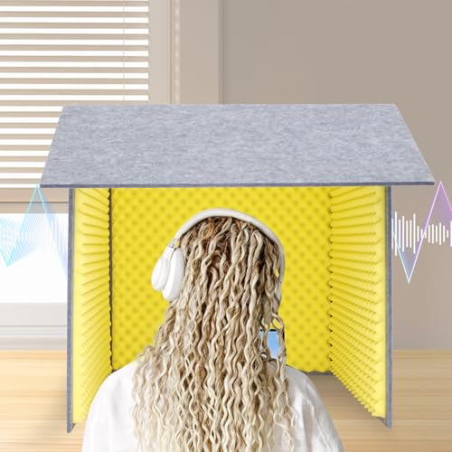 Desktop Soundproof Cover, Isolation Booth, Vocal Sound Absorbing Shield, Portable Vocal Recording Booth, Sound Proof Foam Room, Microphone Isolation Booth Cube, for Office, Home Studio (Yellow)
