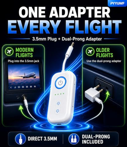 Bluetooth 5.4 Transmitter Receiver, Wireless Audio Adapter, Airplane Gadgets & Travel Essentials – for 2 Headphones, 20H Battery, aptX Low Latency, 3.5mm AUX Jack, for Car, TV, Home-Cream